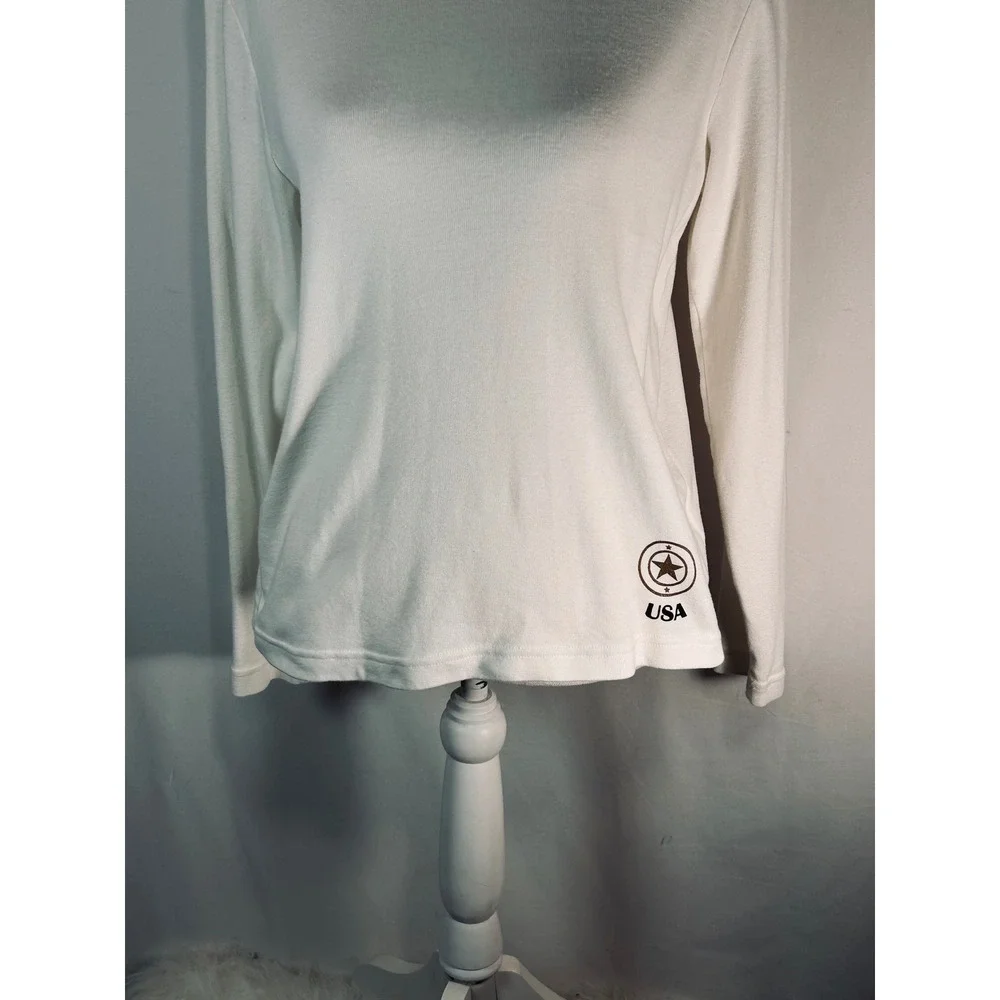 Carole Little Sport‎ Womens White Ribbed Long Sleeve USA Star Graphic Top Size L